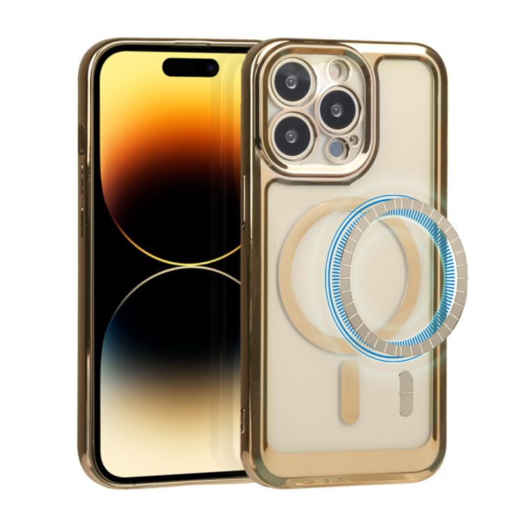etui do iphone 14 pro max fashion golden magsafe z osłoną kamery, złote