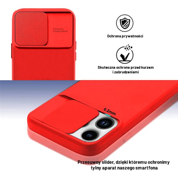 etui do iphone 14 pro max silicone camera cover, ruchoma osłona kamery, czerwone