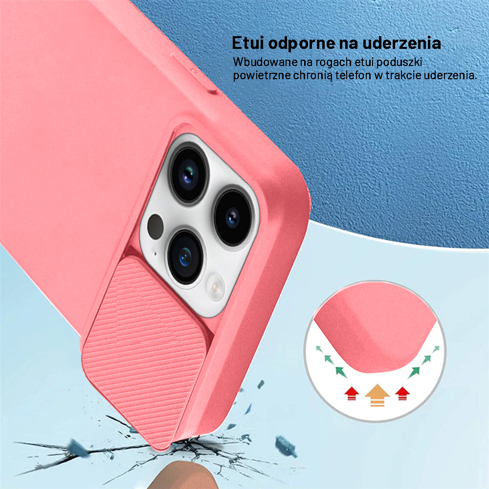 etui do iphone 14 pro max silicone camera cover, ruchoma osłona kamery, różowe