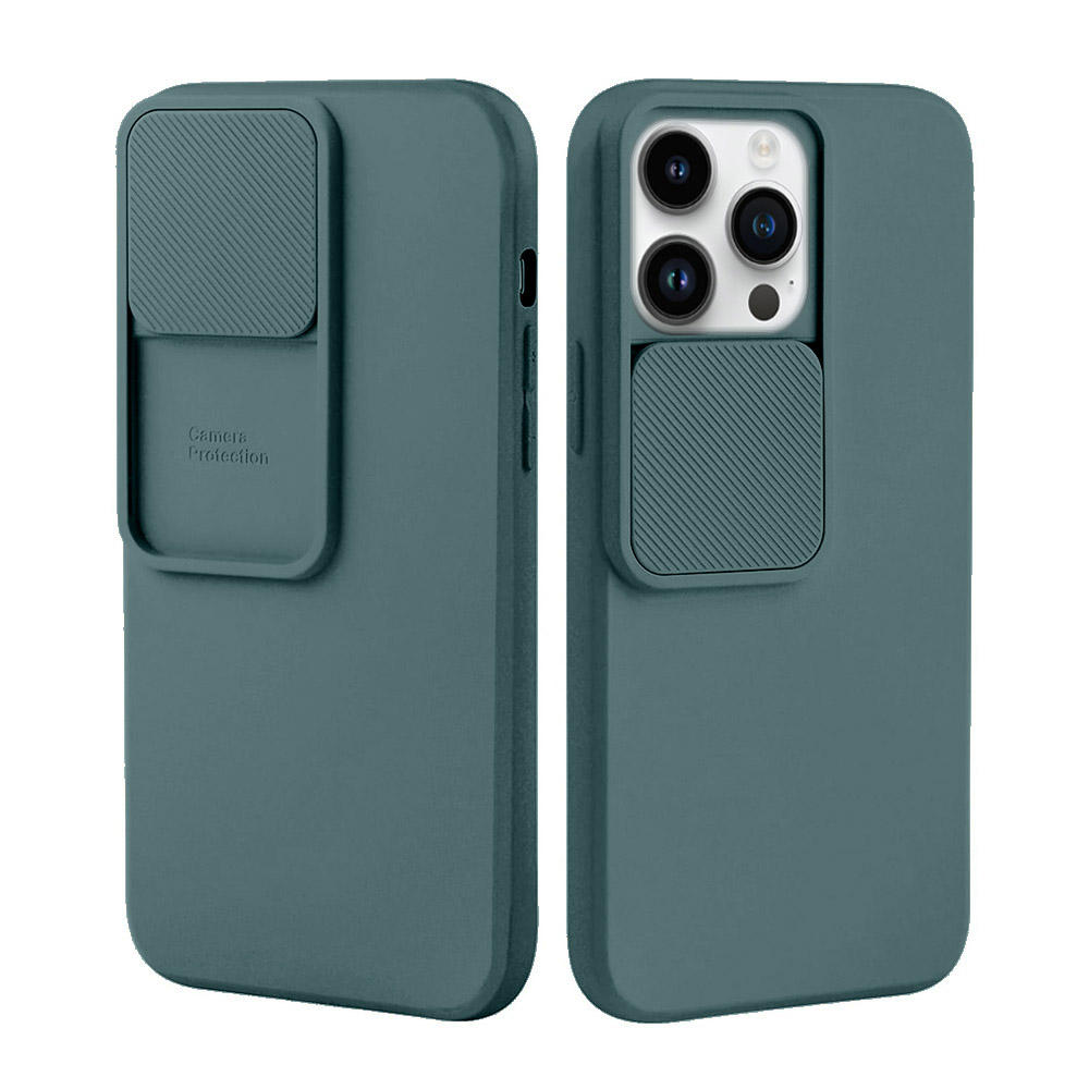 Etui do iPhone 14 Pro Silicone Camera Cover, ruchoma osłona kamery, ciemnozielone