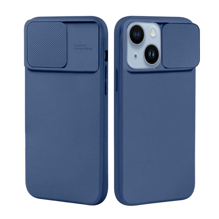 etui do iphone 14 silicone camera cover, ruchoma osłona kamery, granatowe