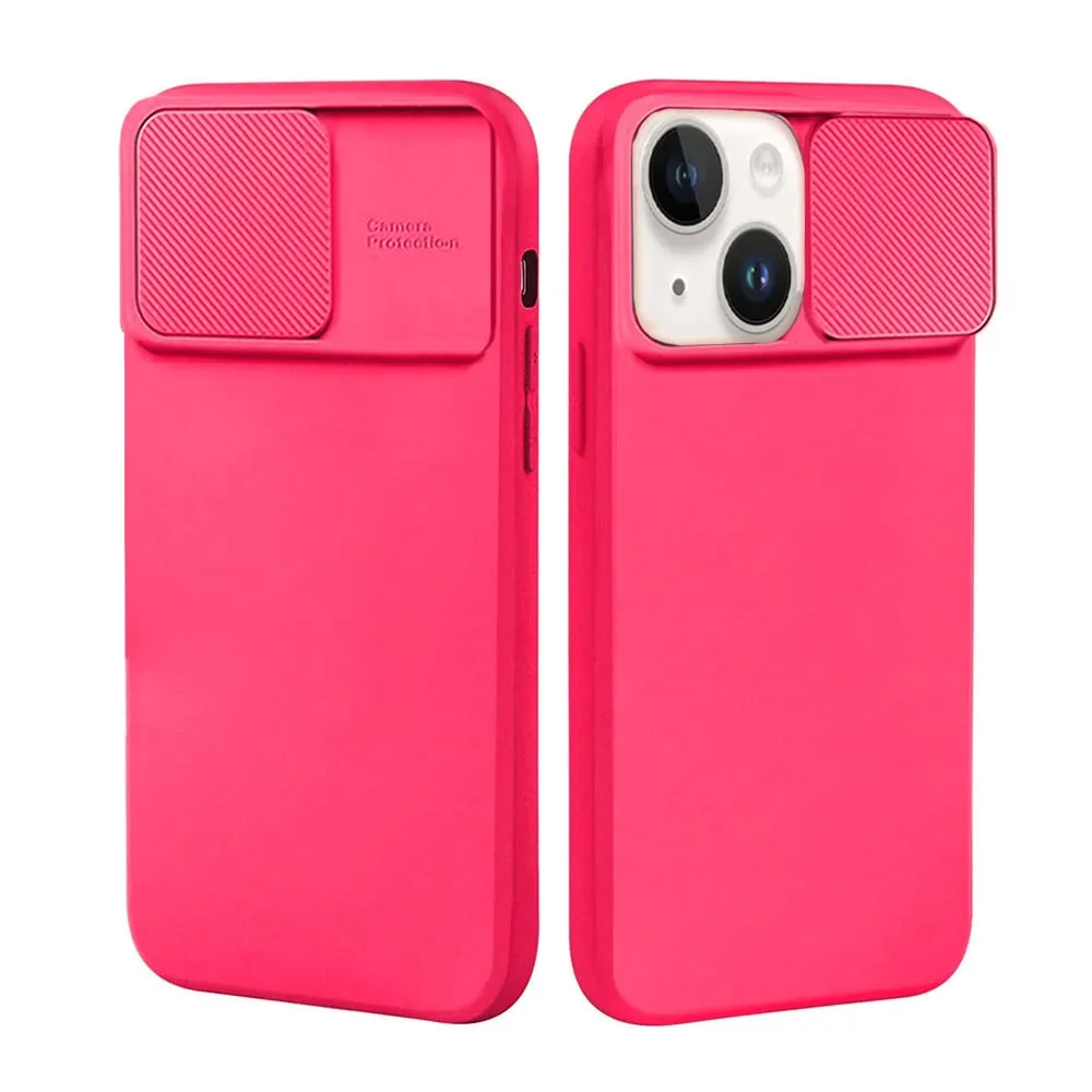 Etui do iPhone 14 Silicone Camera Cover, ruchoma osłona kamery, neonowy róż