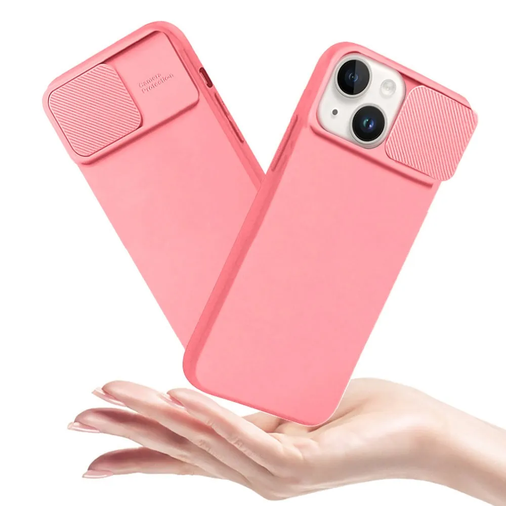 etui do iphone 14 silicone camera cover, ruchoma osłona kamery, różowe