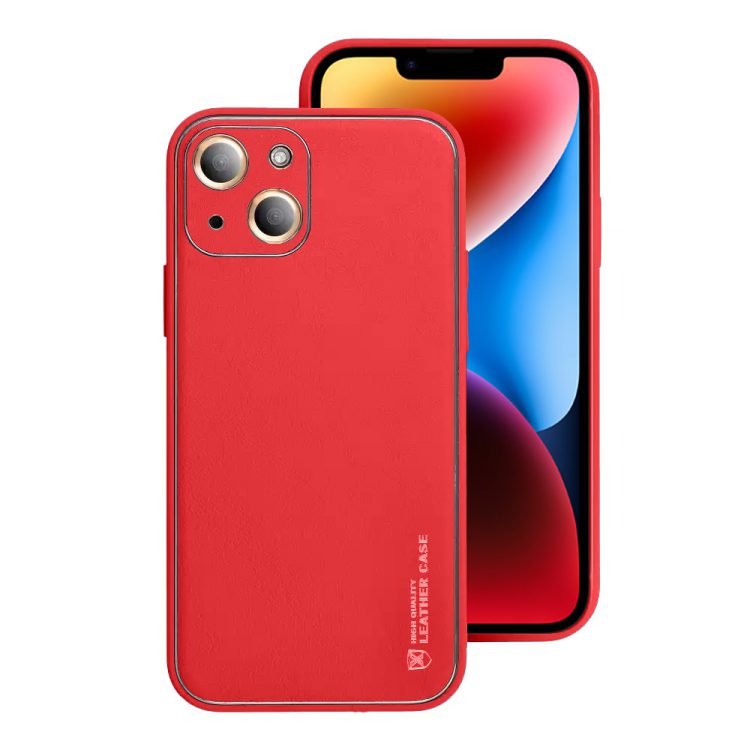 etui do iphone 14minimalistyczne skórzane z ochroną aparatu i srebrnym wykończeniem, czerwone
