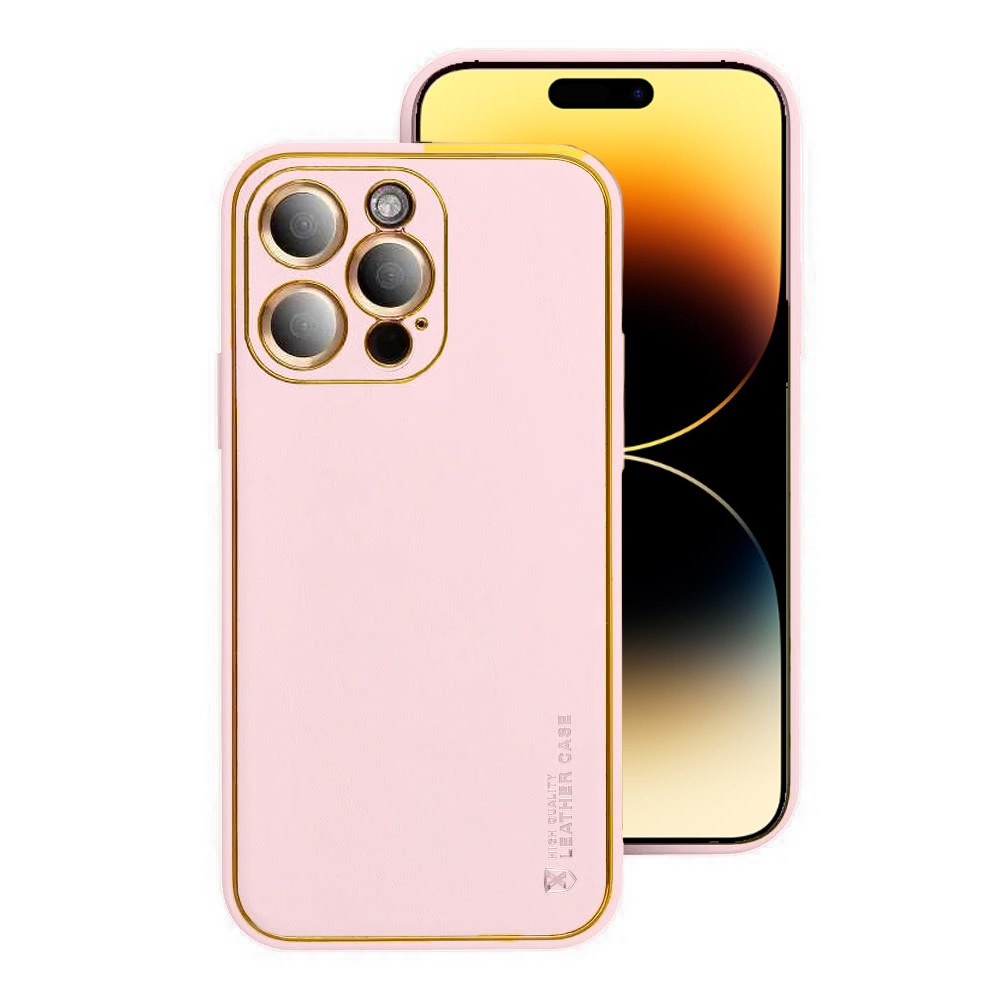 Etui do iPhone 14 Pro minimalistyczne skórzane z ochroną aparatu i złotym wykończeniem, różowe