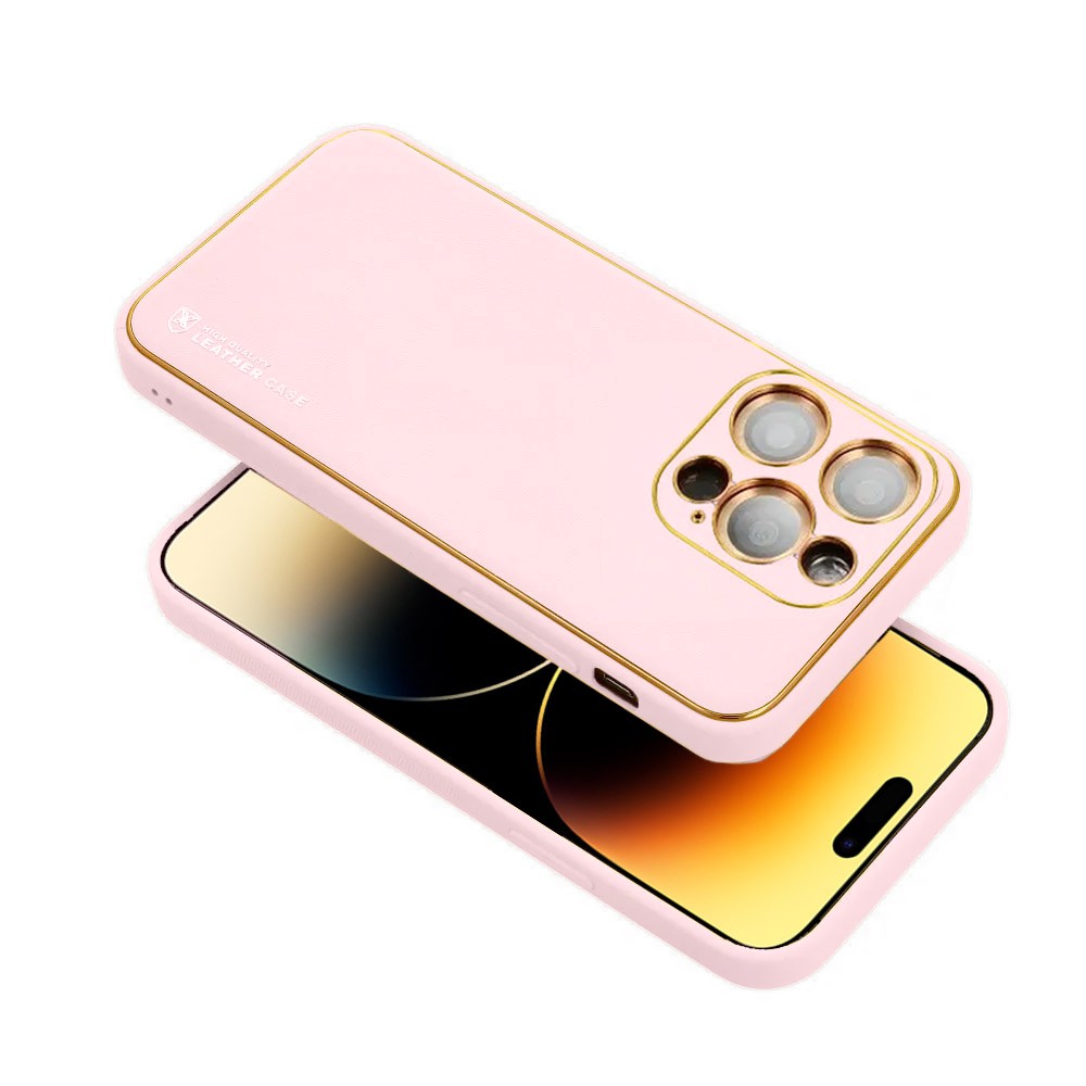 etui do iphone 14 pro max minimalistyczne skórzane z ochroną aparatu i złotym wykończeniem, różowe