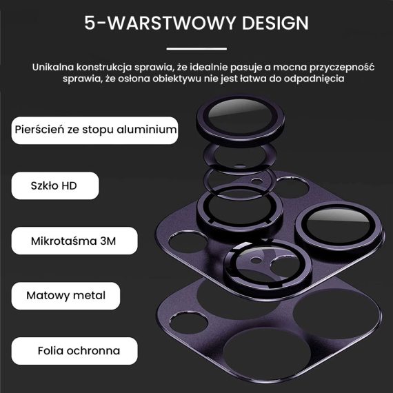 iphone 14 pro max metalowa osłona na cały aparat, wbudowane szkła 9h, purpurowa, fioletowa