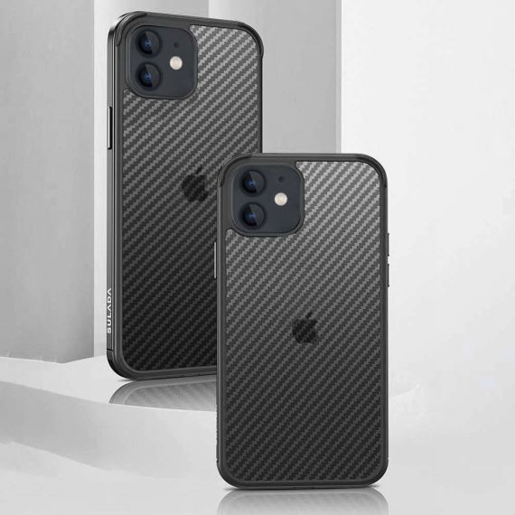 etui do iphone 12 sulada luxury carbon protect bumper, półprzeźroczyste, czarne