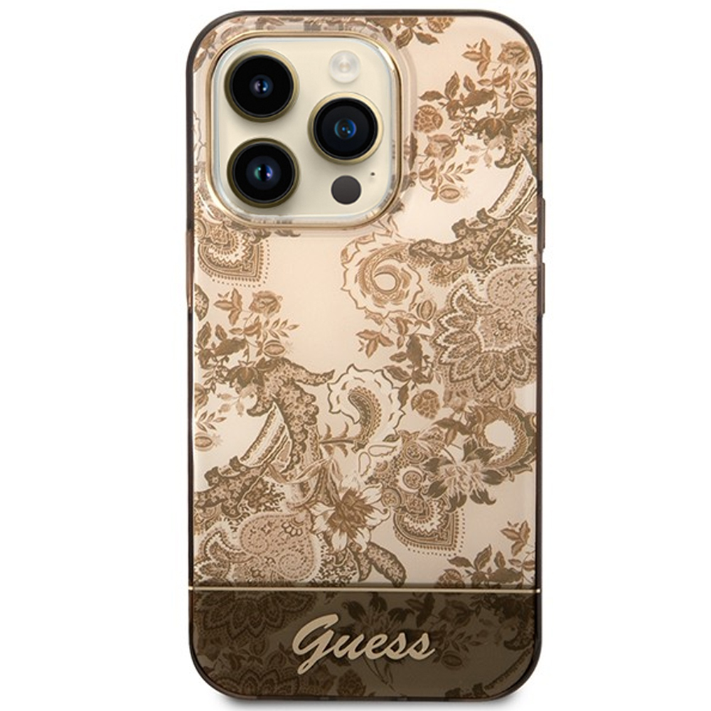 Etui do iPhone 14 Pro Guess eleganckie, kwiaty, złota ozdoba, brązowe
