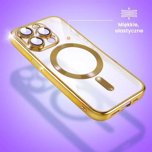 etui do iphone 14 pro magsafe luxury protect przeźroczyste, hybrydowa ochrona kamery, złote