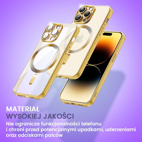 etui do iphone 14 pro magsafe luxury protect przeźroczyste, hybrydowa ochrona kamery, złote