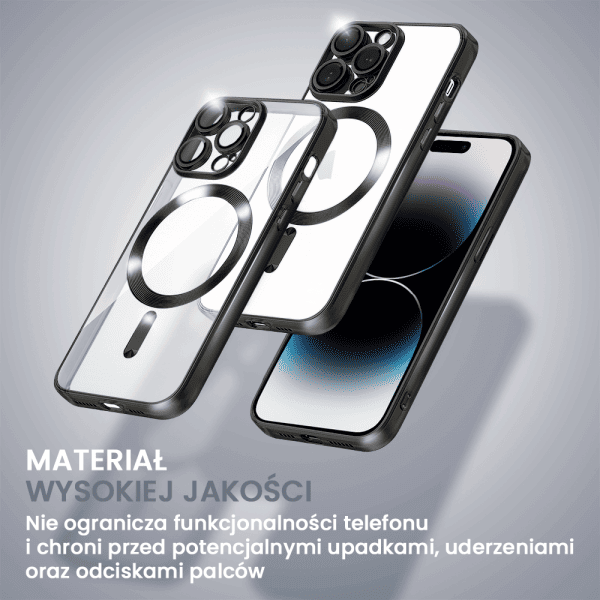 etui do iphone 14 pro max magsafe luxury protect przeźroczyste, hybrydowa ochrona kamery, czarne