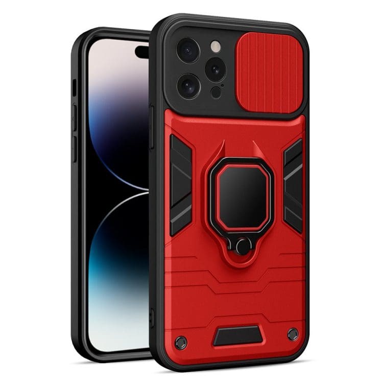 etui do iphone 14 pro pancerne z magnetycznym uchwytem, osłona kamery, czerwono czarne