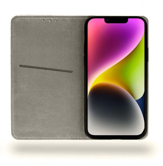 Etui do iPhone 14 zamykane, eleganckie skórzane, granatowe (1)
