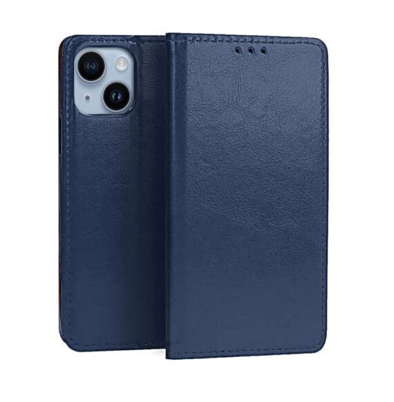 Etui do iPhone 14 zamykane, eleganckie skórzane, granatowe (2)