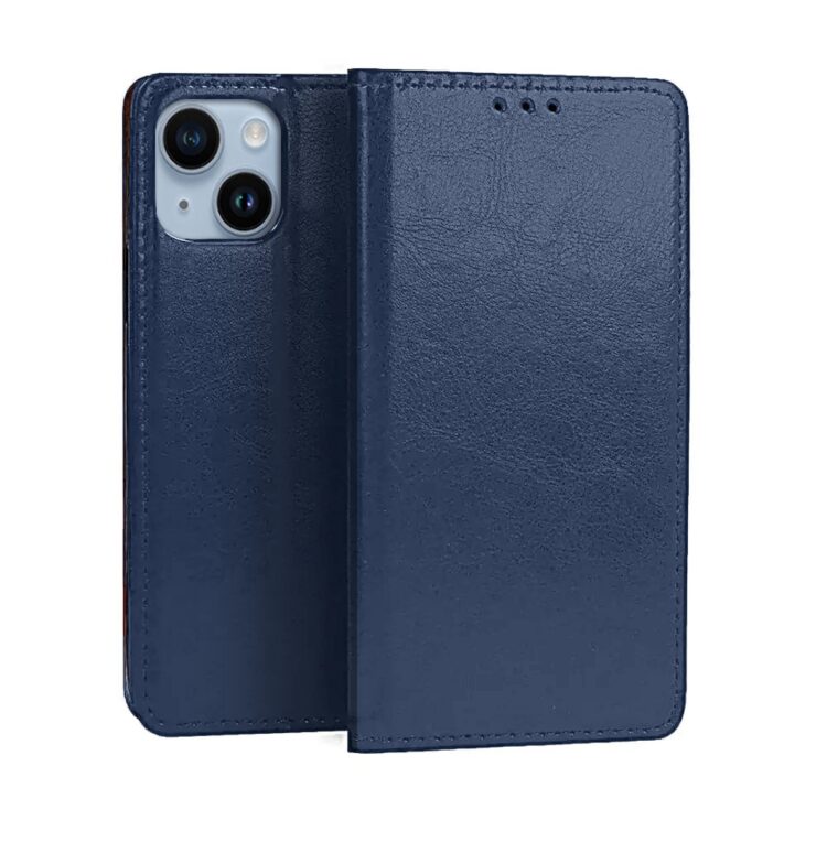 Etui do iPhone 14 zamykane, eleganckie skórzane, granatowe (2)