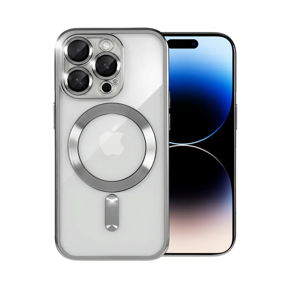 Etui do iPhone 14 Pro Max MagSafe Luxury Protect przeźroczyste, hybrydowa ochrona kamery, srebrne