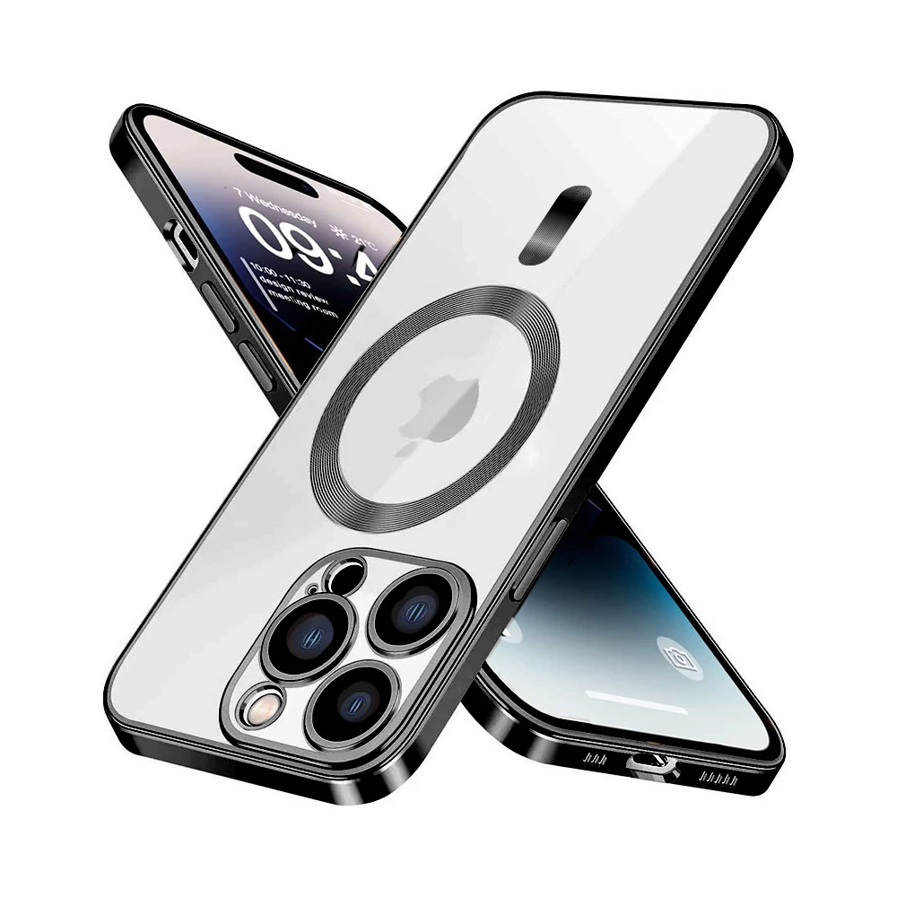 Etui do iPhone 14 Pro Max MagSafe Luxury Protect przeźroczyste, szklana ochrona kamery, czarne
