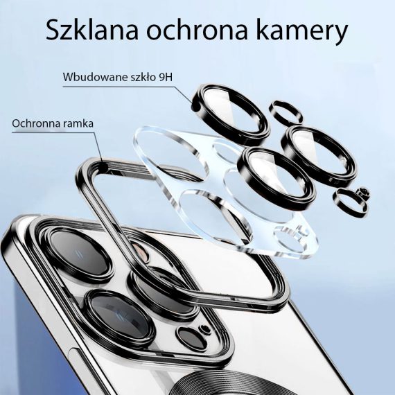 etui do iphone 14 pro magsafe luxury protect przeźroczyste, szklana ochrona kamery, srebrne (kopia)
