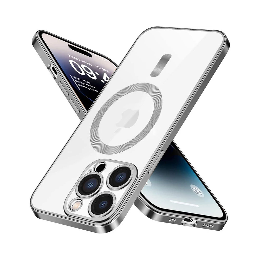 Etui do iPhone 14 Pro Max MagSafe Luxury Protect przeźroczyste, szklana ochrona kamery, srebrne