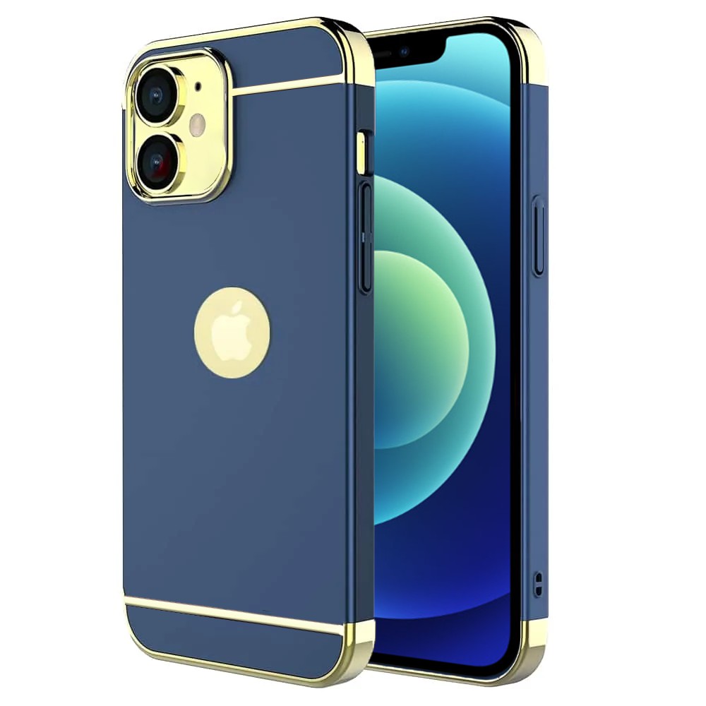 Etui do iPhone 12 eleganckie cienkie ze zdobieniami i widocznym logo, niebieskie