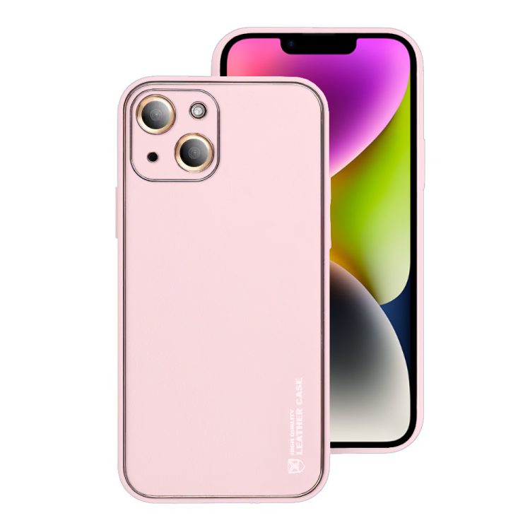 Etui do iPhone 14 minimalistyczne skórzane z ochroną aparatu i srebrnym wykończeniem, różowe