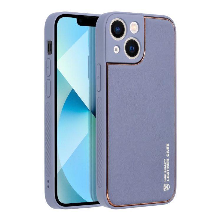 Etui do iPhone 14 Plus minimalistyczne skórzane z ochroną aparatu i złotym wykończeniem, liliowo fioletowe