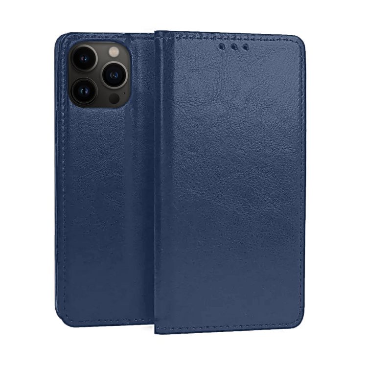 Etui do iPhone 14 Pro eleganckie skórzane, zamykane, granatowe