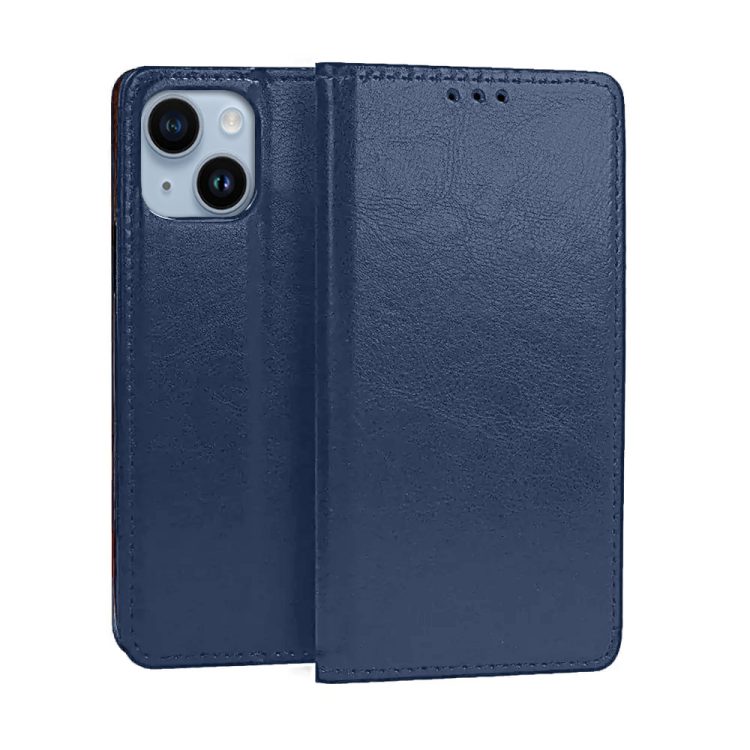 Etui do iPhone 14 zamykane, eleganckie granatowe skórzane