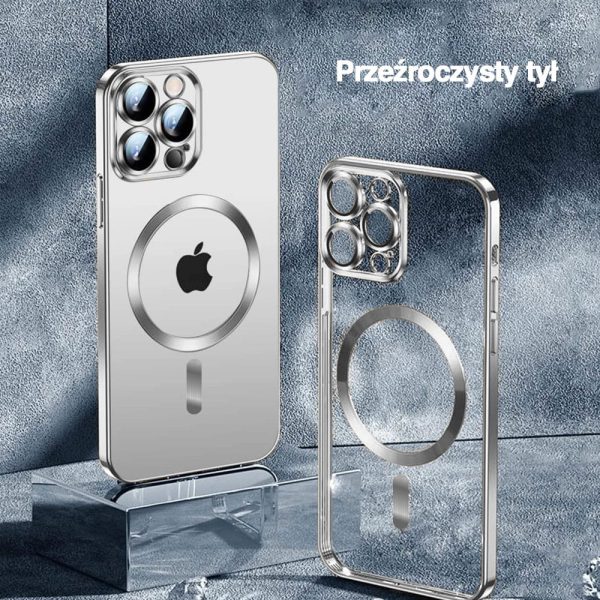 etui do iphone 14 pro max magsafe luxury protect przeźroczyste, hybrydowa ochrona kamery, srebrne