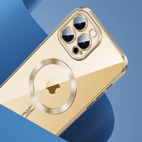 etui do iphone 14 pro max magsafe luxury protect przeźroczyste, szklana ochrona kamery, złote