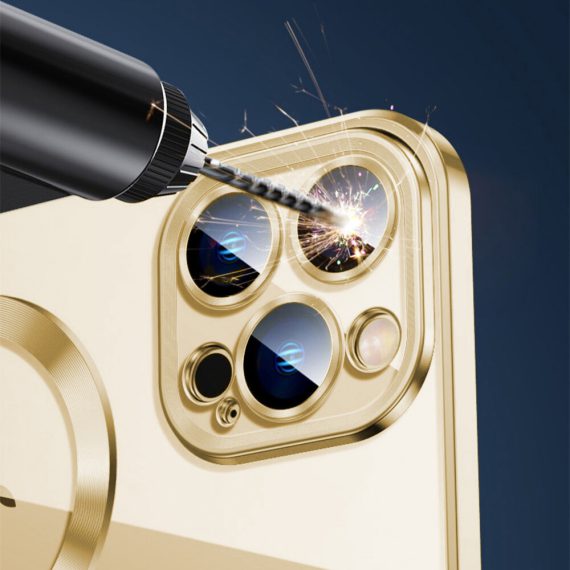 etui do iphone 14 pro max magsafe luxury protect przeźroczyste, szklana ochrona kamery, złote