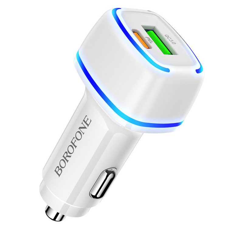 Ładowarka samochodowa USB 18W + USB-C PD 20W, szybkie ładowanie, biała