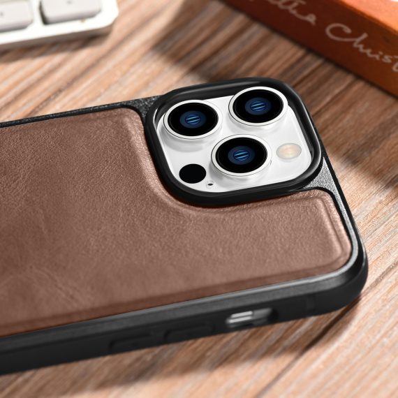 etui do iphone 14 pro max wax leather case, naturalna skóra z magsafe, brązowe