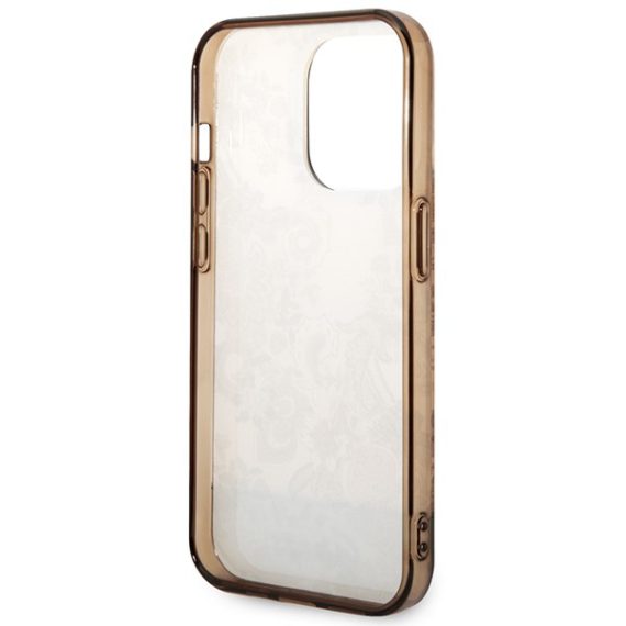 etui do iphone 14 pro max guess eleganckie, kwiaty, złota ozdoba, brązowe
