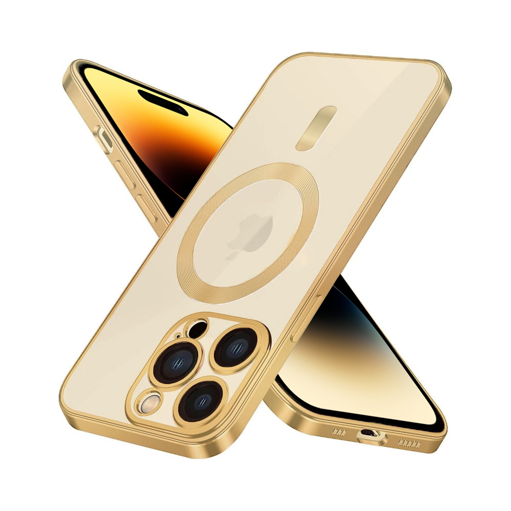 Etui do iPhone 14 Pro MagSafe Luxury Protect przeźroczyste, szklana ochrona kamery, złote