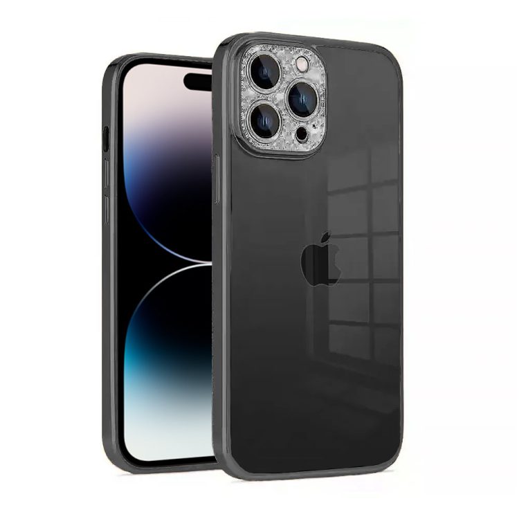 etui do iphone 14 pro diamond crown, diamentowa osłona kamery, półmatowe, czarne