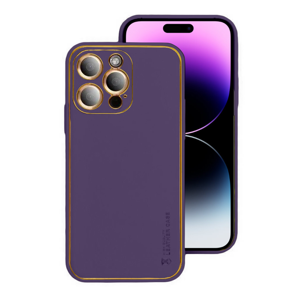 Etui do iPhone 14 Pro minimalistyczne skórzane z ochroną aparatu i złotym wykończeniem, głęboka purpura