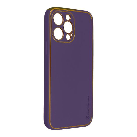 etui do iphone 14 pro max minimalistyczne skórzane z ochroną aparatu i złotym wykończeniem, głęboka purpura