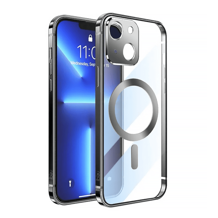 etui do iphone 14 ibizu elite skin ultra cienkie, krystalicznie czyste z metalową ramką, czarne z magsafe