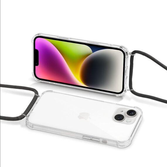Etui do iPhone 14 Plus wzmacniane crossbody z czarną smyczą jak torebka, przeźroczyste NOWE (1)