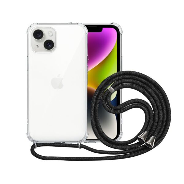 Etui do iPhone 14 Plus wzmacniane crossbody z czarną smyczą jak torebka, przeźroczyste