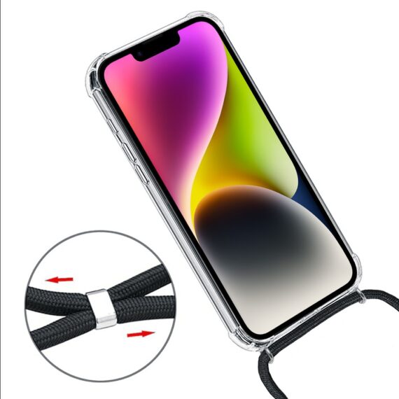 Etui do iPhone 14 Plus wzmacniane crossbody z czarną smyczą jak torebka, przeźroczyste NOWE (4)