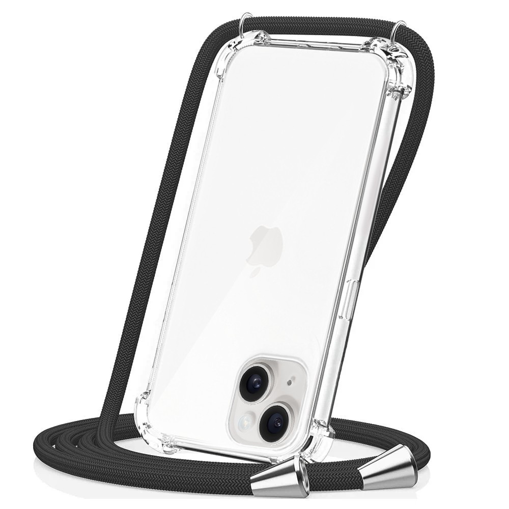 Etui do iPhone 14 Plus wzmacniane crossbody z czarną smyczą jak torebka, przeźroczyste NOWE (5)
