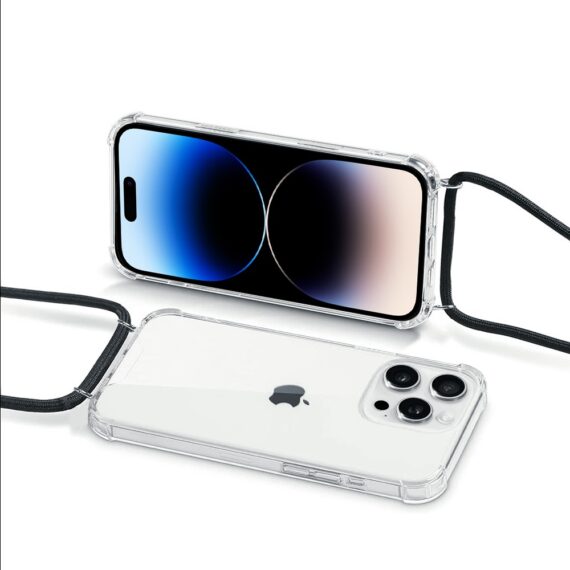 Etui do iPhone 14 Pro Max wzmacniane crossbody z czarną smyczą jak torebka, przeźroczyste NOWE (1)