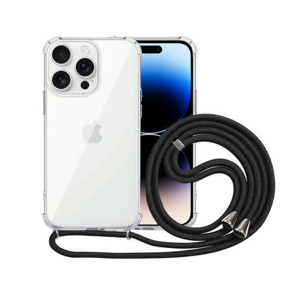 Etui do iPhone 14 Pro Max wzmacniane crossbody z czarną smyczą jak torebka, przeźroczyste