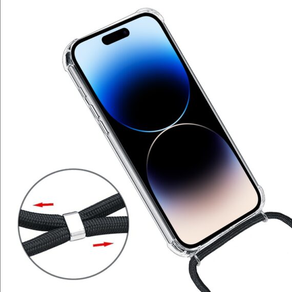 Etui do iPhone 14 Pro Max wzmacniane crossbody z czarną smyczą jak torebka, przeźroczyste NOWE (4)
