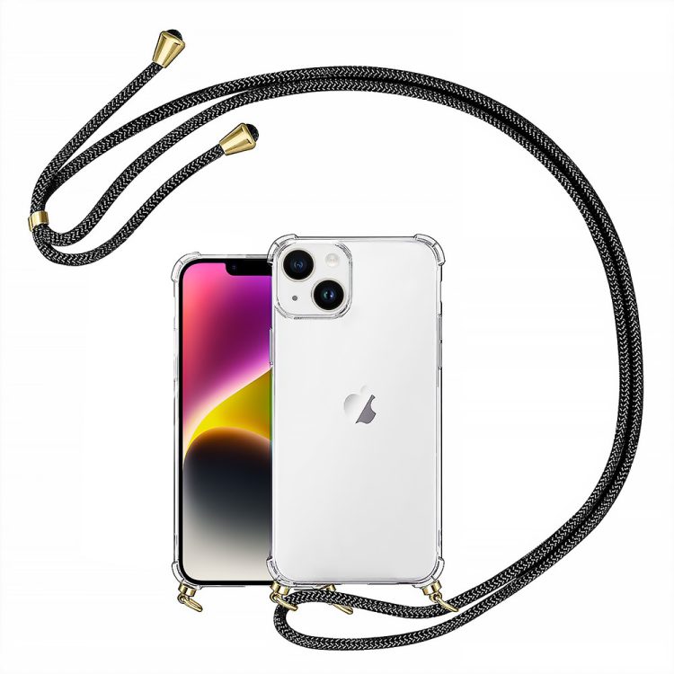 etui do iphone 14 wzmacniane crossbody z czarną smyczą jak torebka