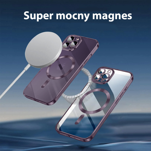 etui do iphone 14 pro magsafe luxury protect przeźroczyste, szklana ochrona kamery, głęboka purpura