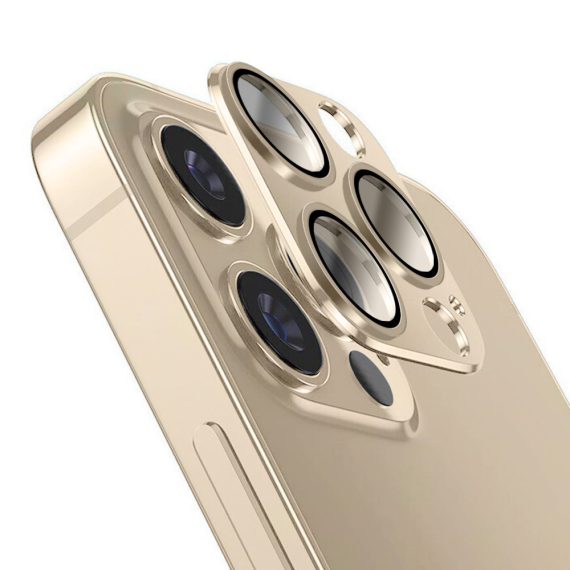 iphone 14 pro metalowa osłona na cały aparat, wbudowane szkła 9h, złota
